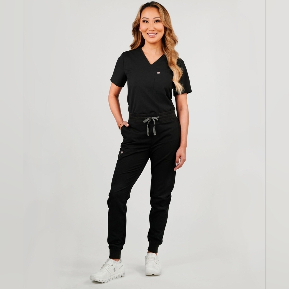 Jaanuu Womens Essential Black Scrub Pants Jogger Drawstring Waist 5 pocket XS T